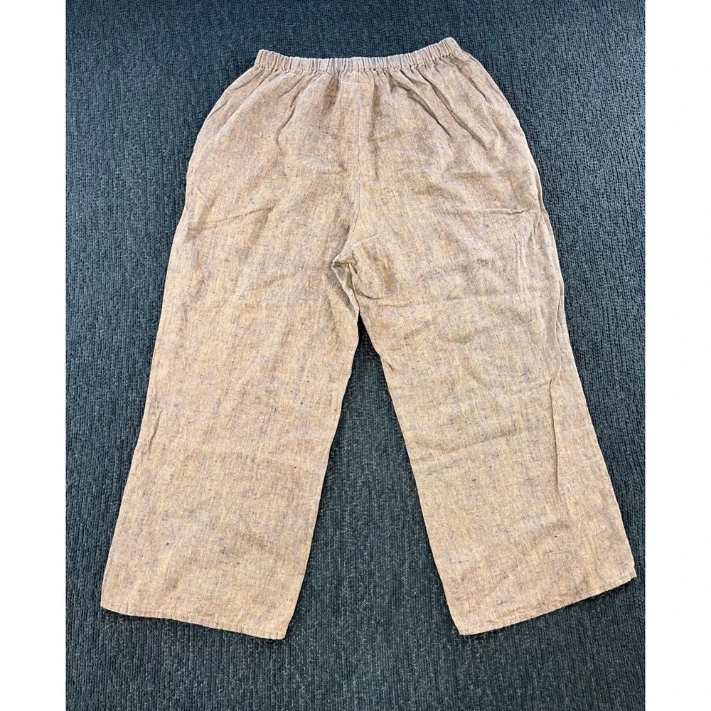 FLAX 100% Linen Cropped Wide Leg Elastic Waist Pants Orange Blue Textured Medium
